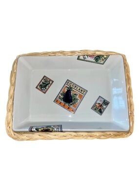Cordon Bleu Large Rectangle Casserole Dish Baker In Basket  12x9 Cottage Core
